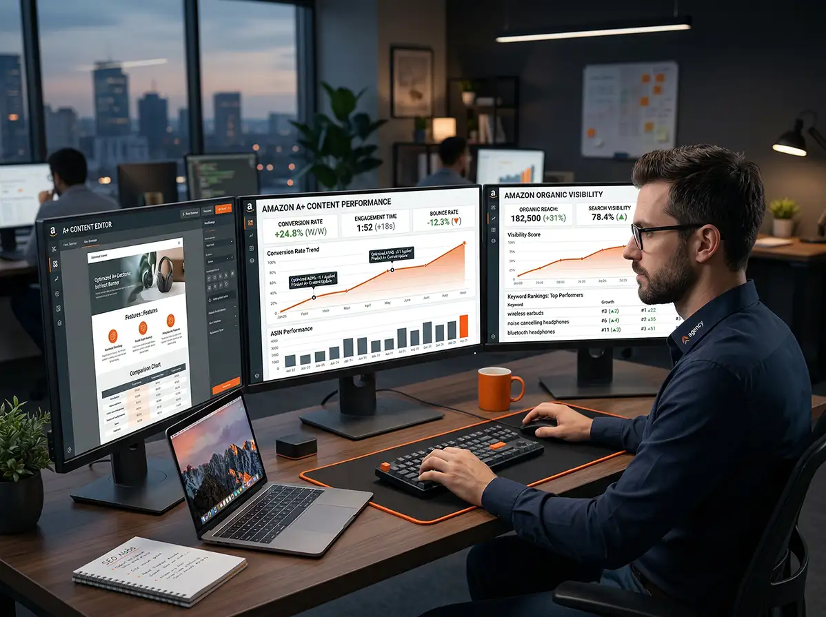 Stacvalley Amazon Agentur Infografik: Der Quantum-Growth-Effekt durch die Synergie von Amazon SEO, PPC и Content-Marketing. Strategische Lücken-Analyse und KI-basierte Algorithmus-Dominanz zur Skalierung von E-Commerce Marken und Erreichung der Marktführerschaft.