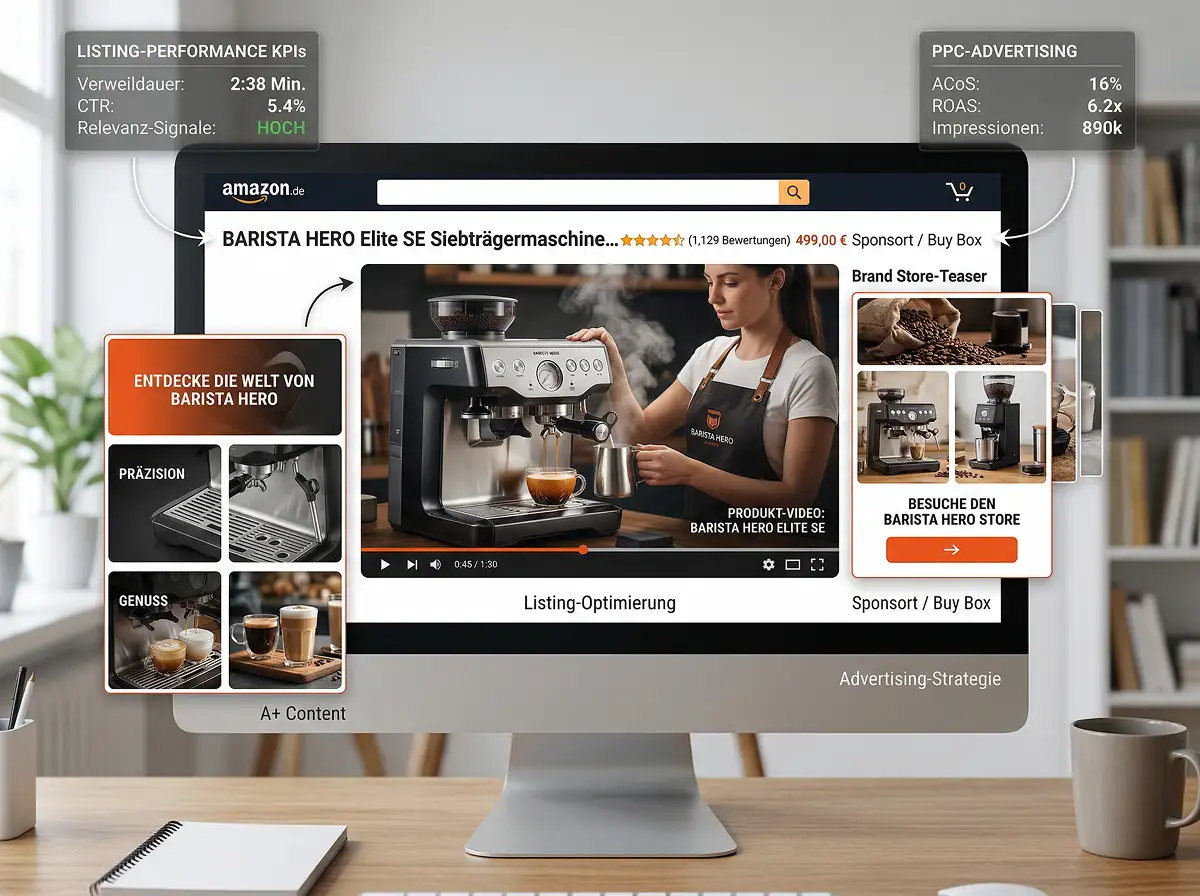 Stacvalley Amazon Agentur Infografik: Der Quantum-Growth-Effekt durch die Synergie von Amazon SEO, PPC и Content-Marketing. Strategische Lücken-Analyse und KI-basierte Algorithmus-Dominanz zur Skalierung von E-Commerce Marken und Erreichung der Marktführerschaft.