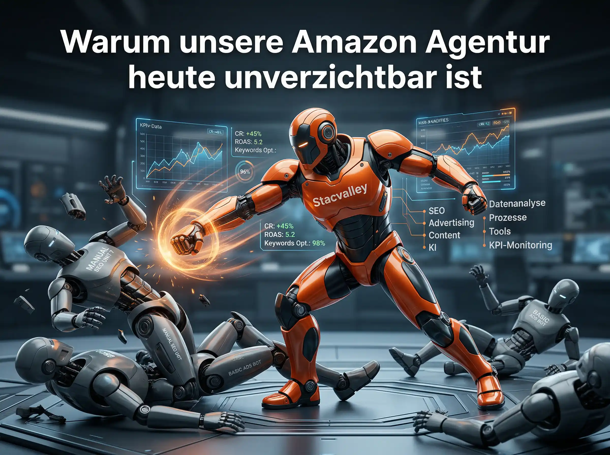 Stacvalley Amazon Agentur Infografik: Der Quantum-Growth-Effekt durch die Synergie von Amazon SEO, PPC и Content-Marketing. Strategische Lücken-Analyse und KI-basierte Algorithmus-Dominanz zur Skalierung von E-Commerce Marken und Erreichung der Marktführerschaft.