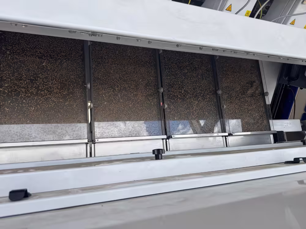 Close-up of a machine sorting or inspecting numerous small grains on a conveyor belt.
