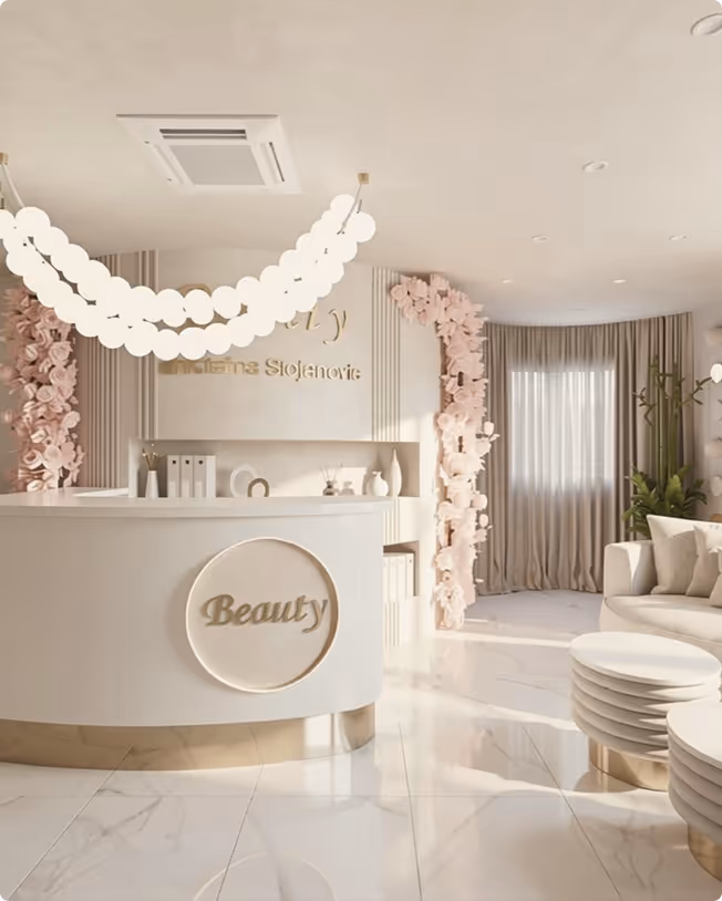 Modern beauty salon reception with white counter, floral decor, round lights, and cozy seating area.