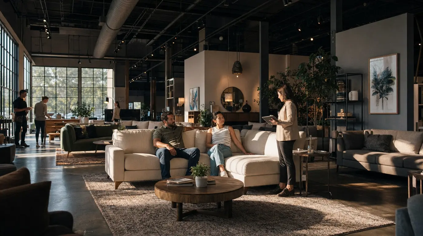 Couple seated on beige sectional sofa talking to a standing saleswoman in a modern furniture store.