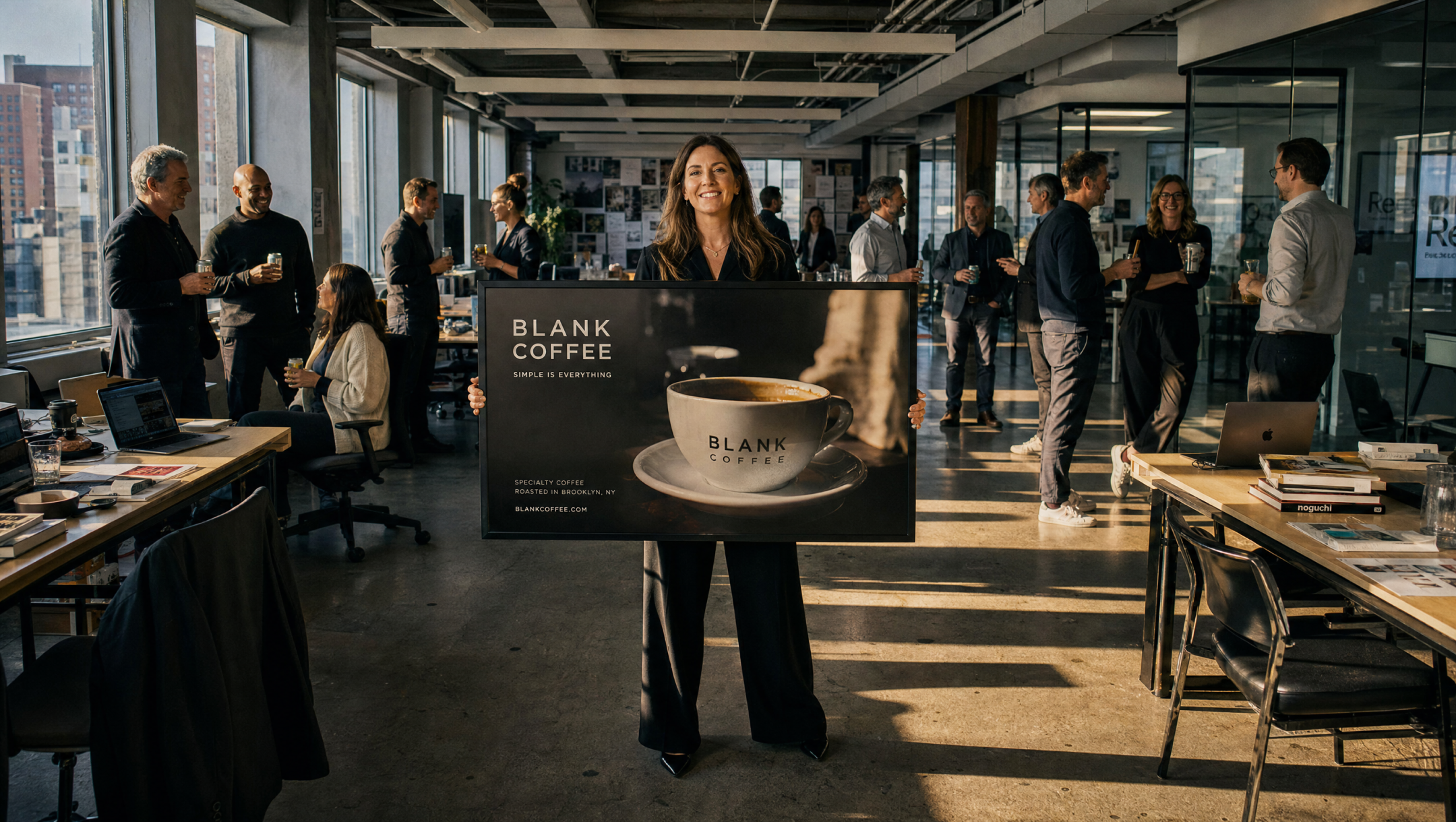 Woman in office holding a sign with a coffee cup image and the text 'BLANK COFFEE'.