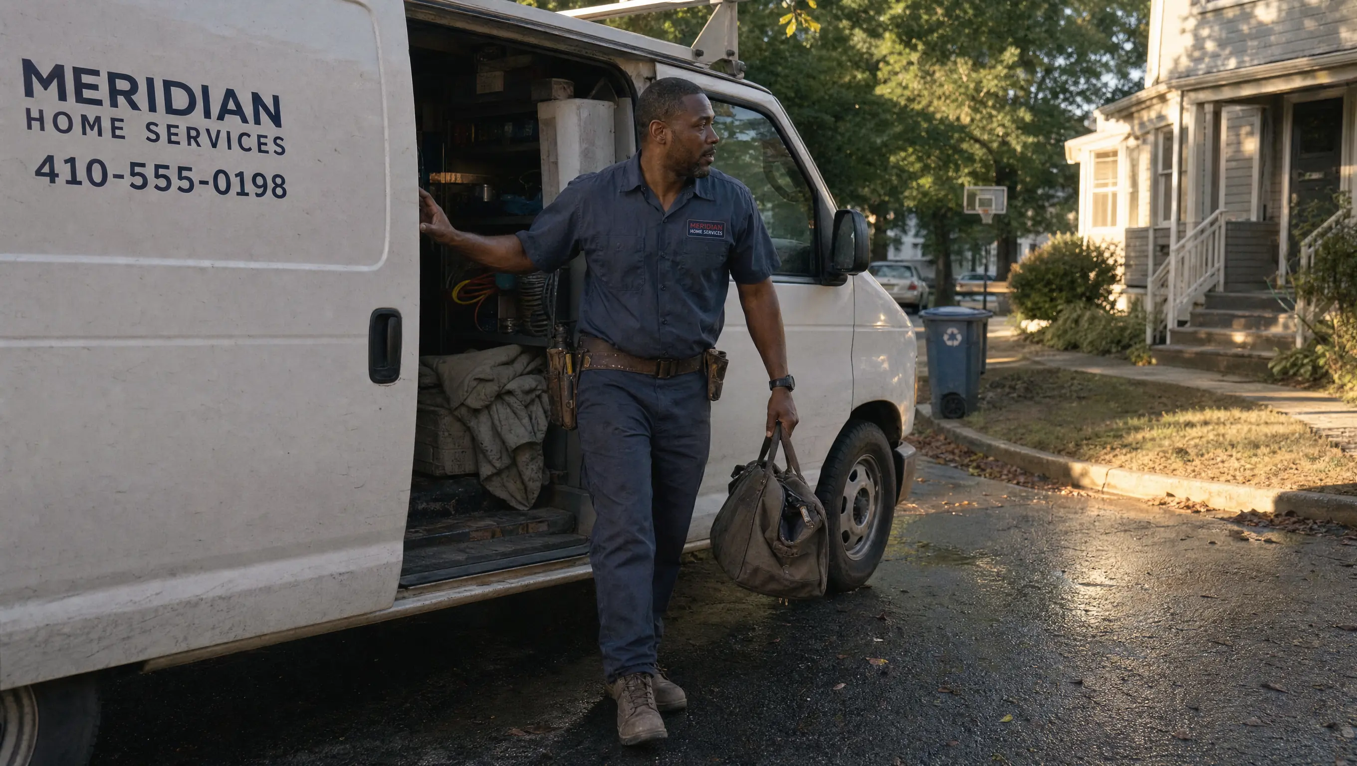 Home services technician on a job site, viewed from a distance across a residential street