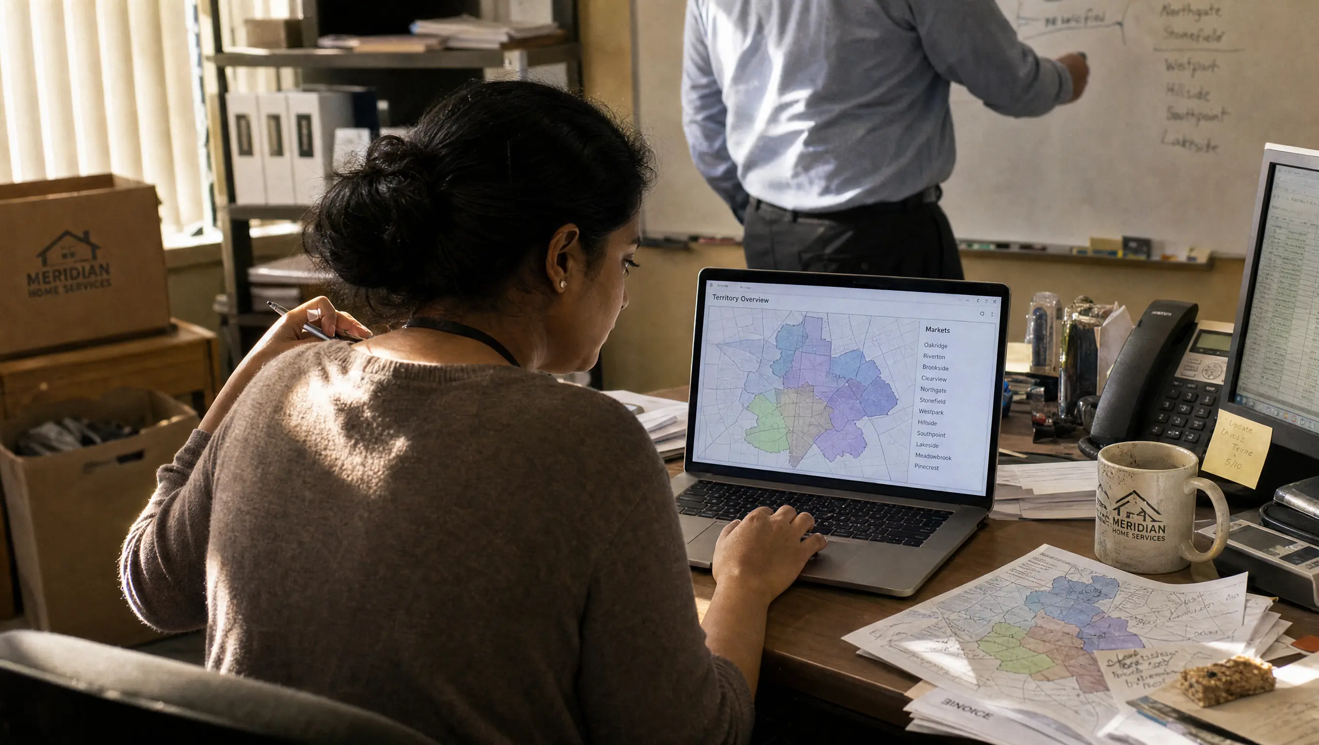 Home services office staff reviewing service territory coverage