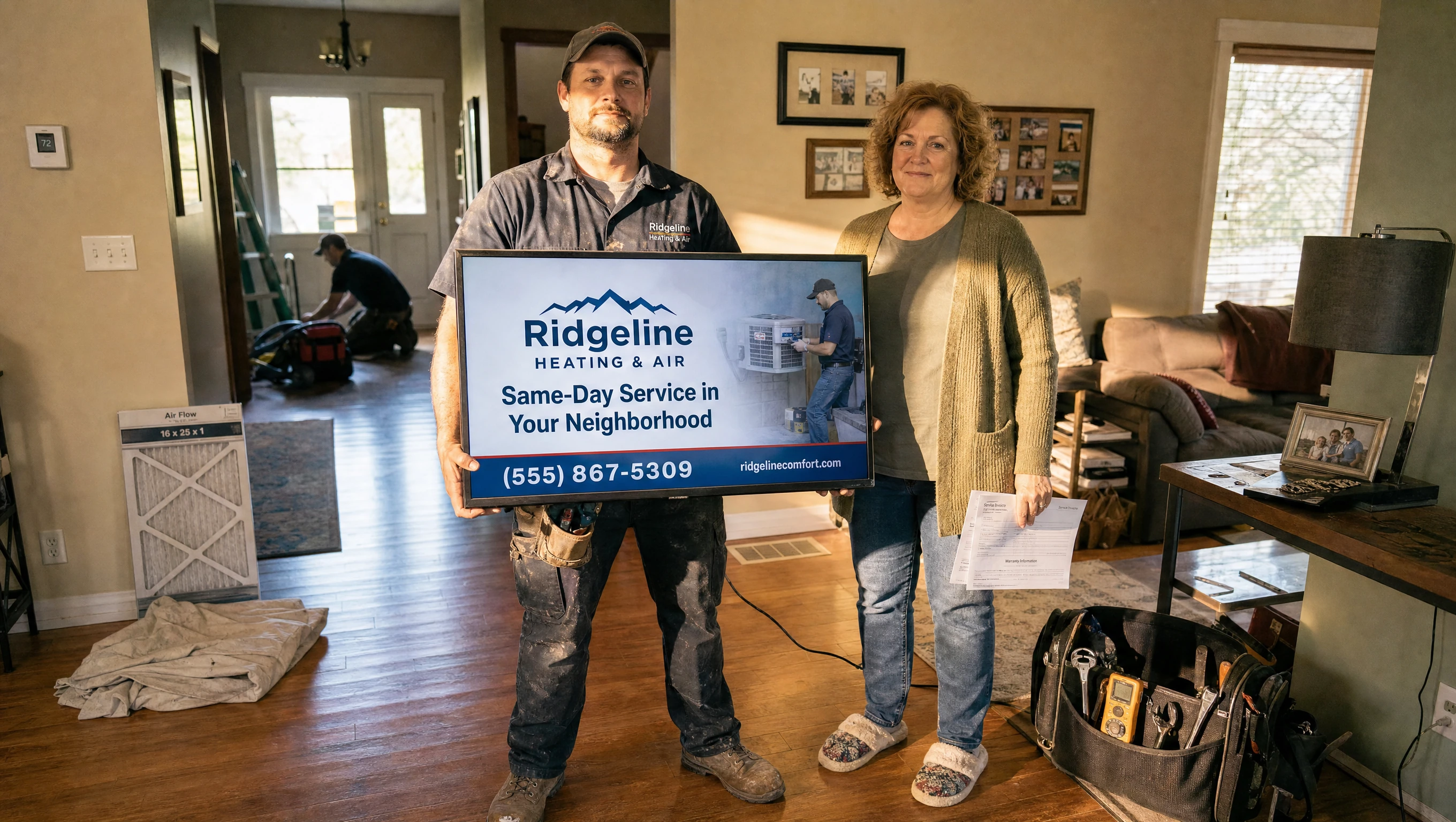 Home services technician and homeowner at the end of a service call, holding a TV displaying a local streaming ad