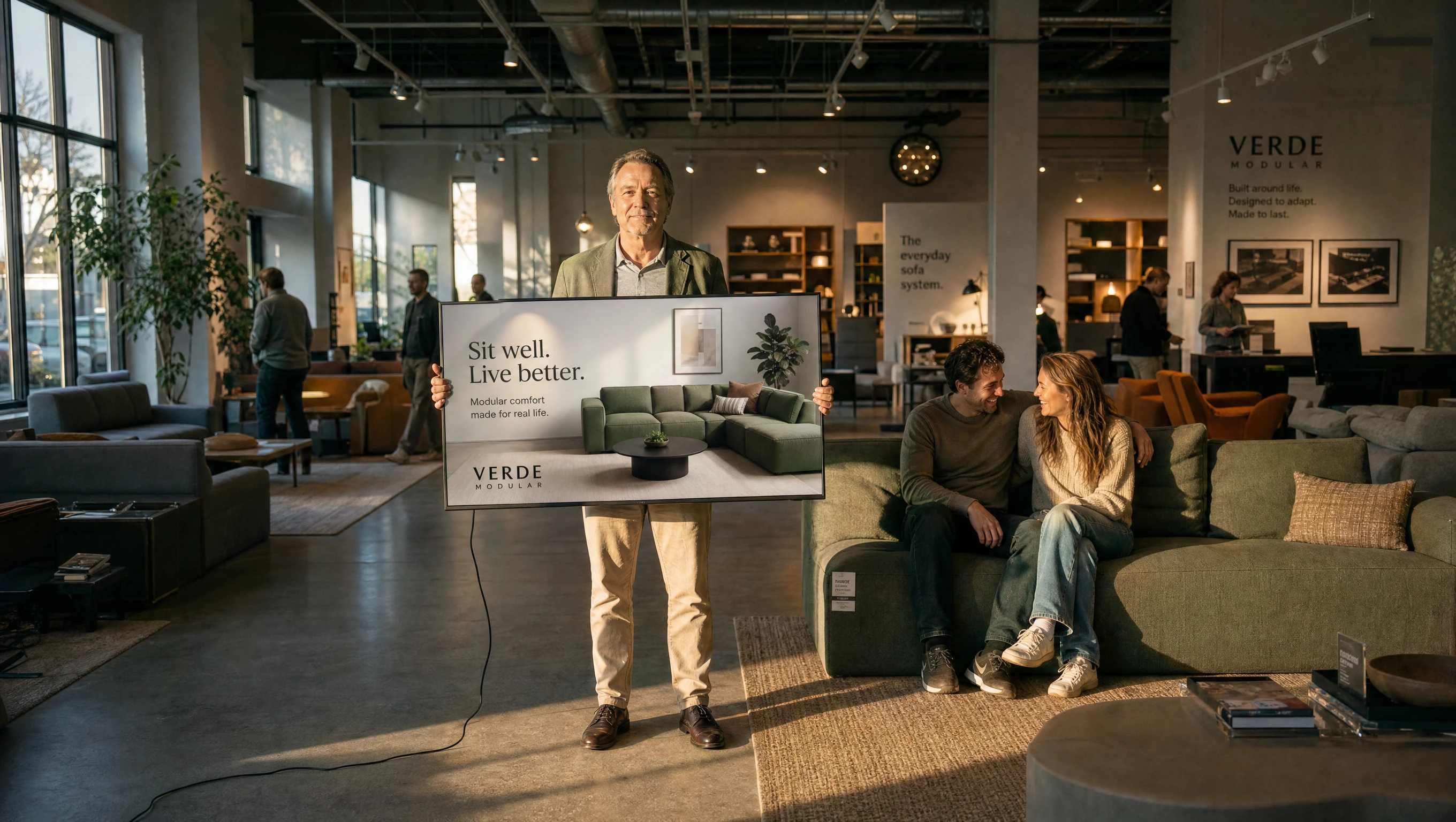 A furniture store owner holding a TV displaying a sofa campaign ad beside the couple seated on the sofa they bought