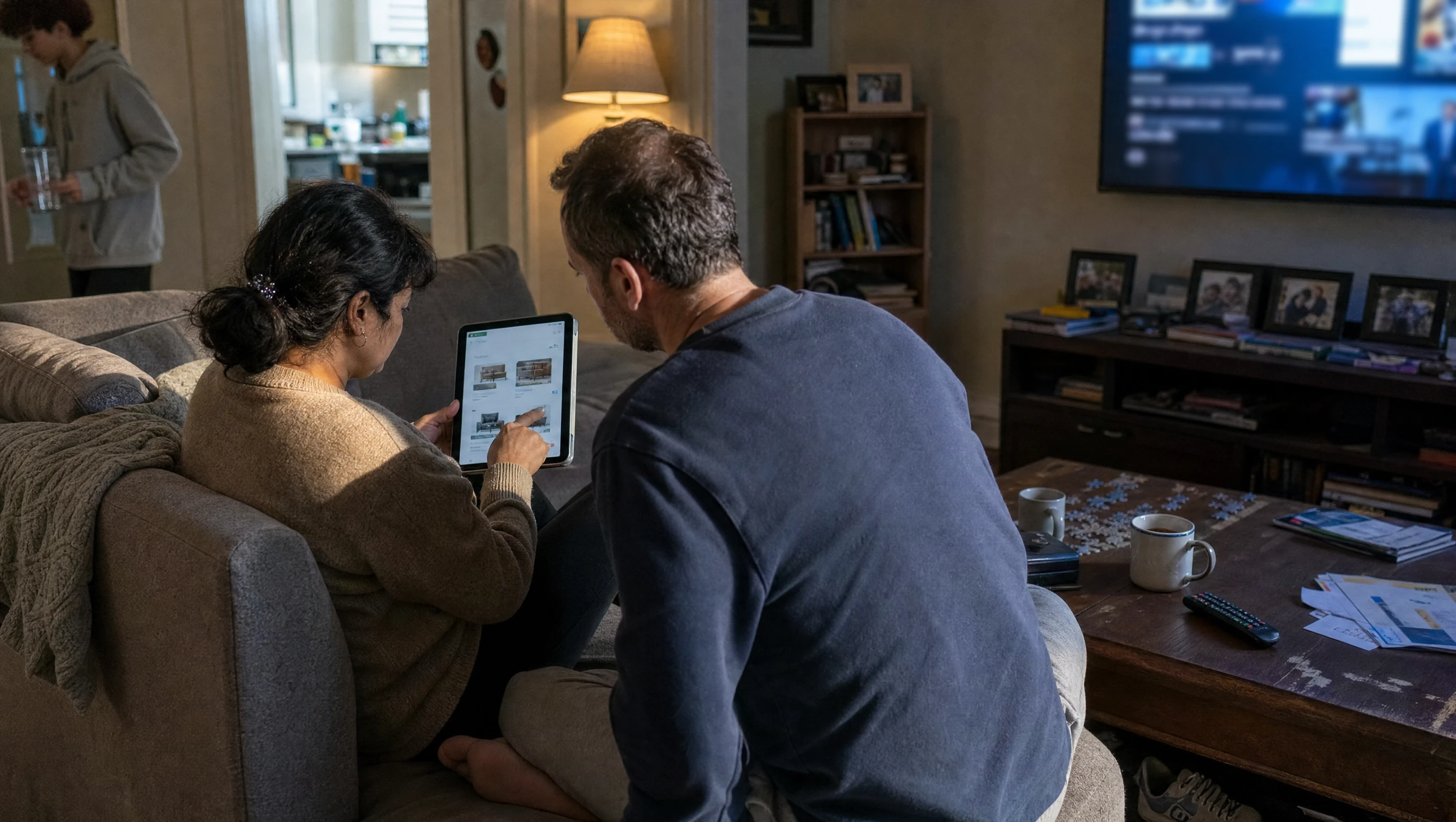 A couple on their living room sofa browsing furniture on a tablet with the TV on behind them