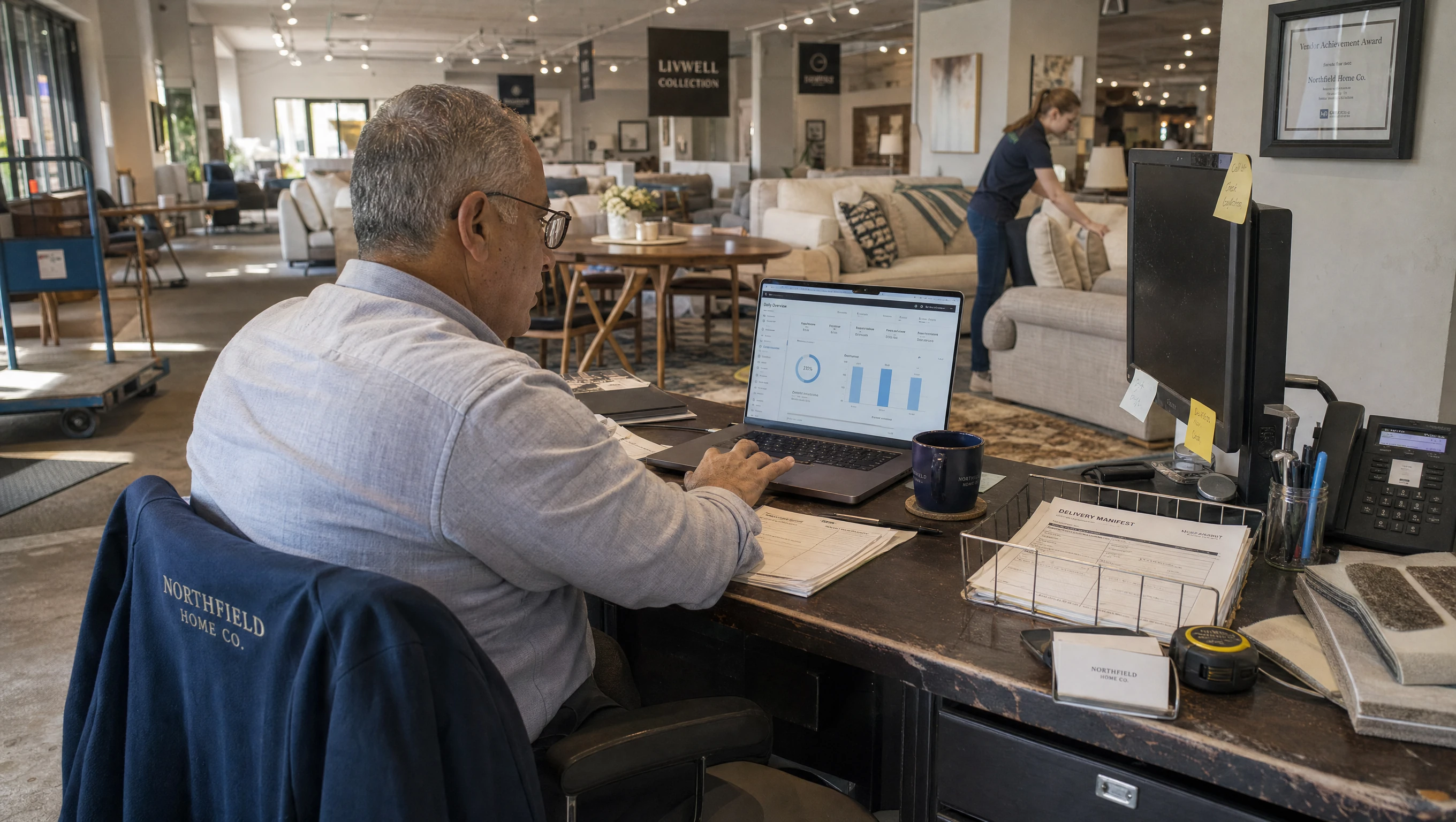 A furniture store manager reviewing weekend sales numbers on a laptop at the sales desk before the store opens