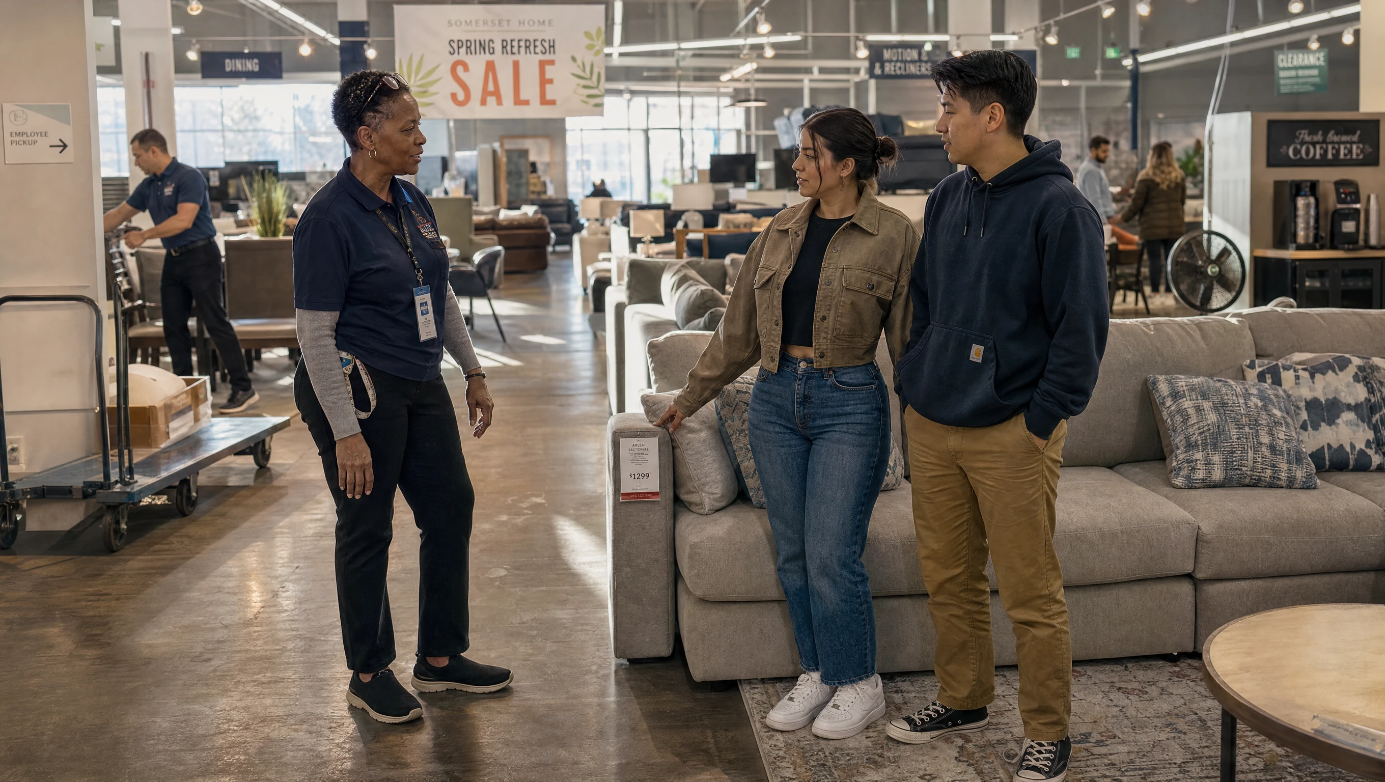 A furniture salesperson greeting a young couple beside a sectional sofa display on the showroom floor