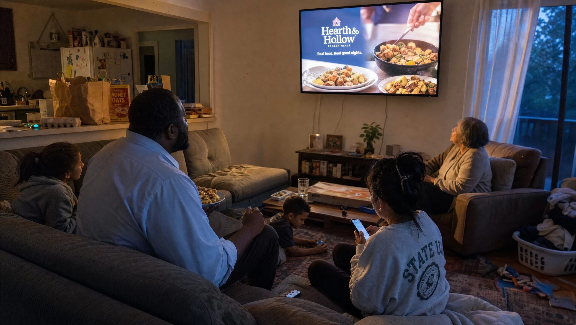 A family watching a food ad on the TV in their living room at dusk, groceries still unpacked on the kitchen counter behind them
