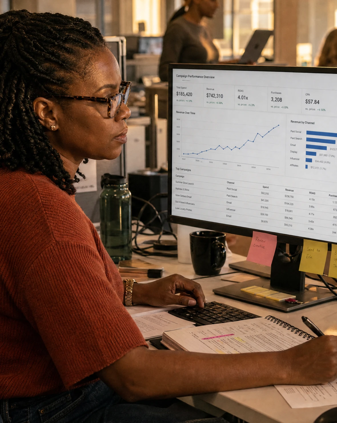 A marketing analyst cross-checking a campaign dashboard against a sales spreadsheet on two monitors in an open-plan office