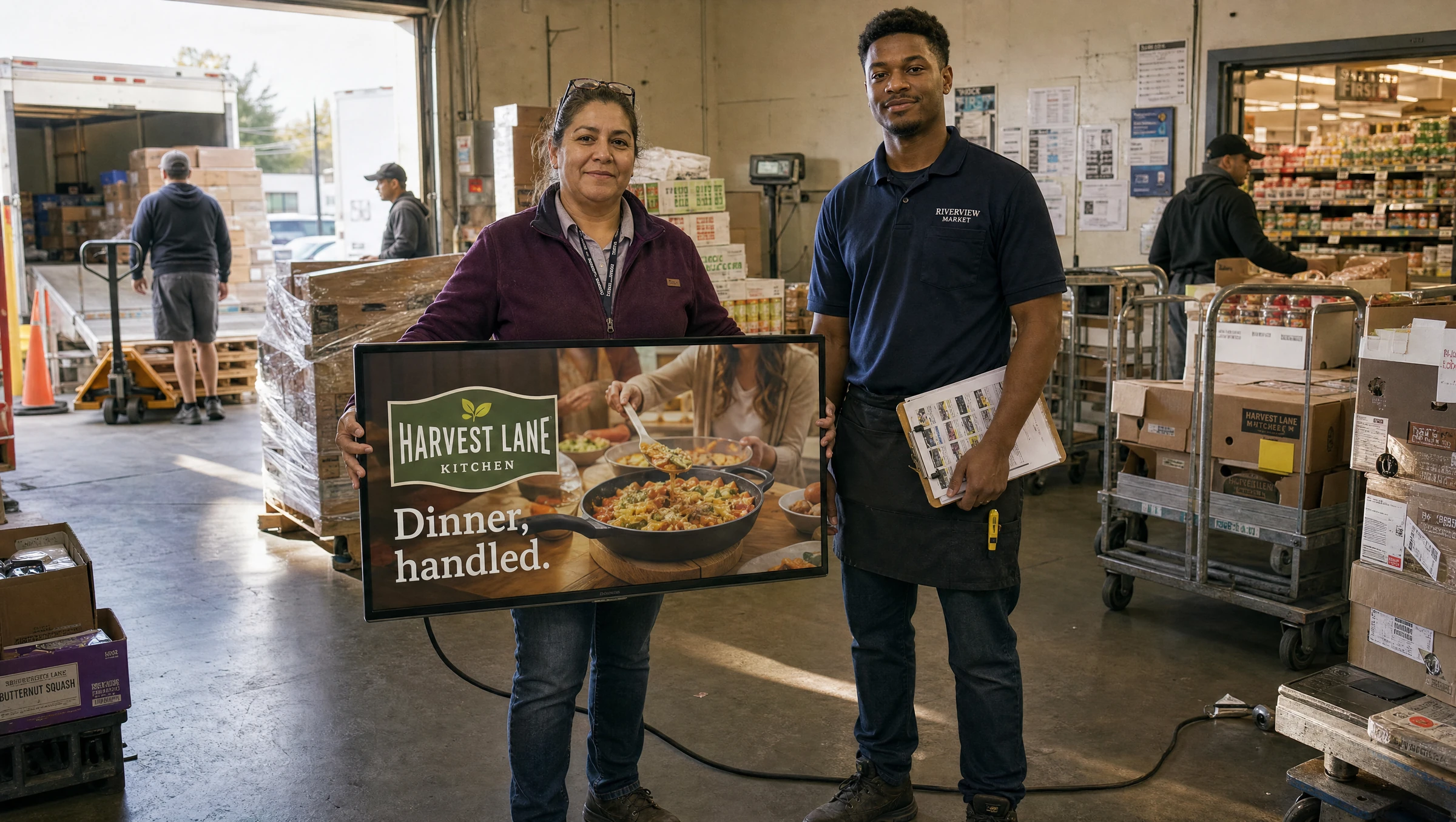 A grocery category manager and a stock associate in a supermarket stockroom holding a TV playing a packaged-food ad