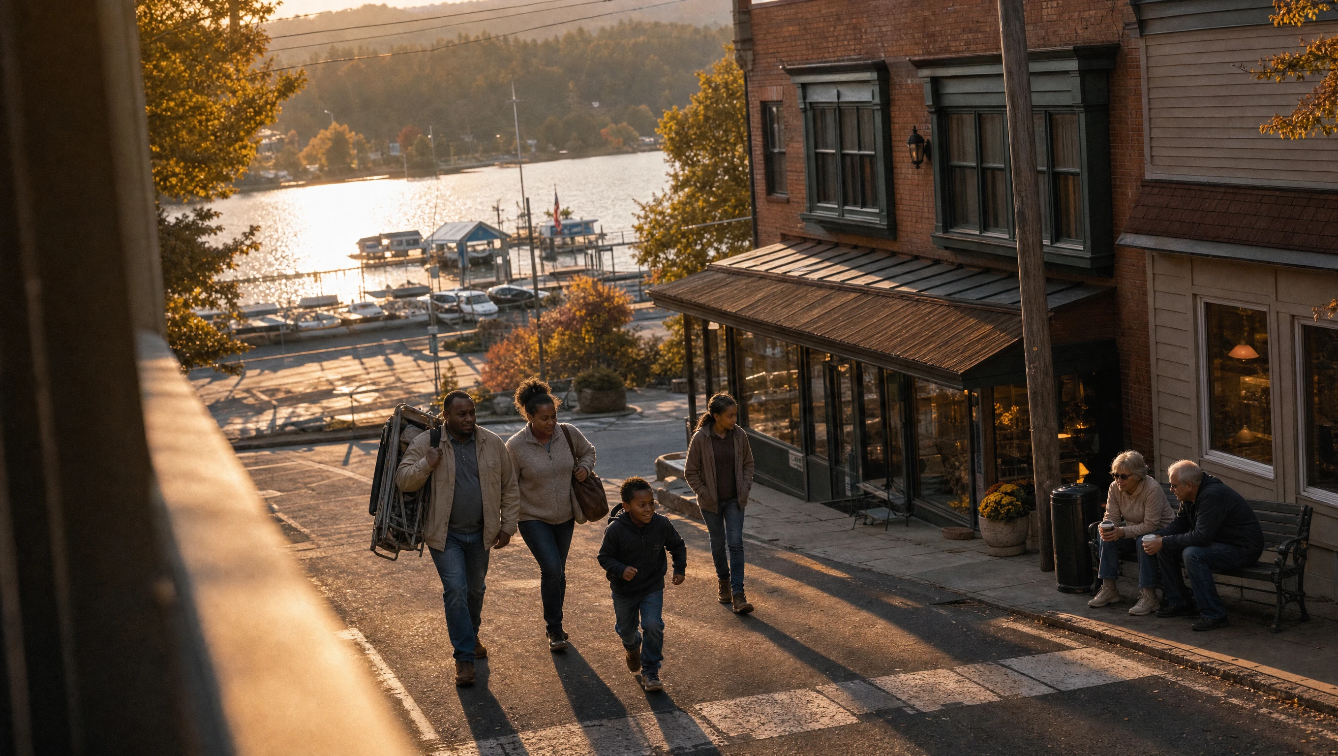Travelers walking up the main street of a lakeside resort town at golden hour, marina and mountains behind