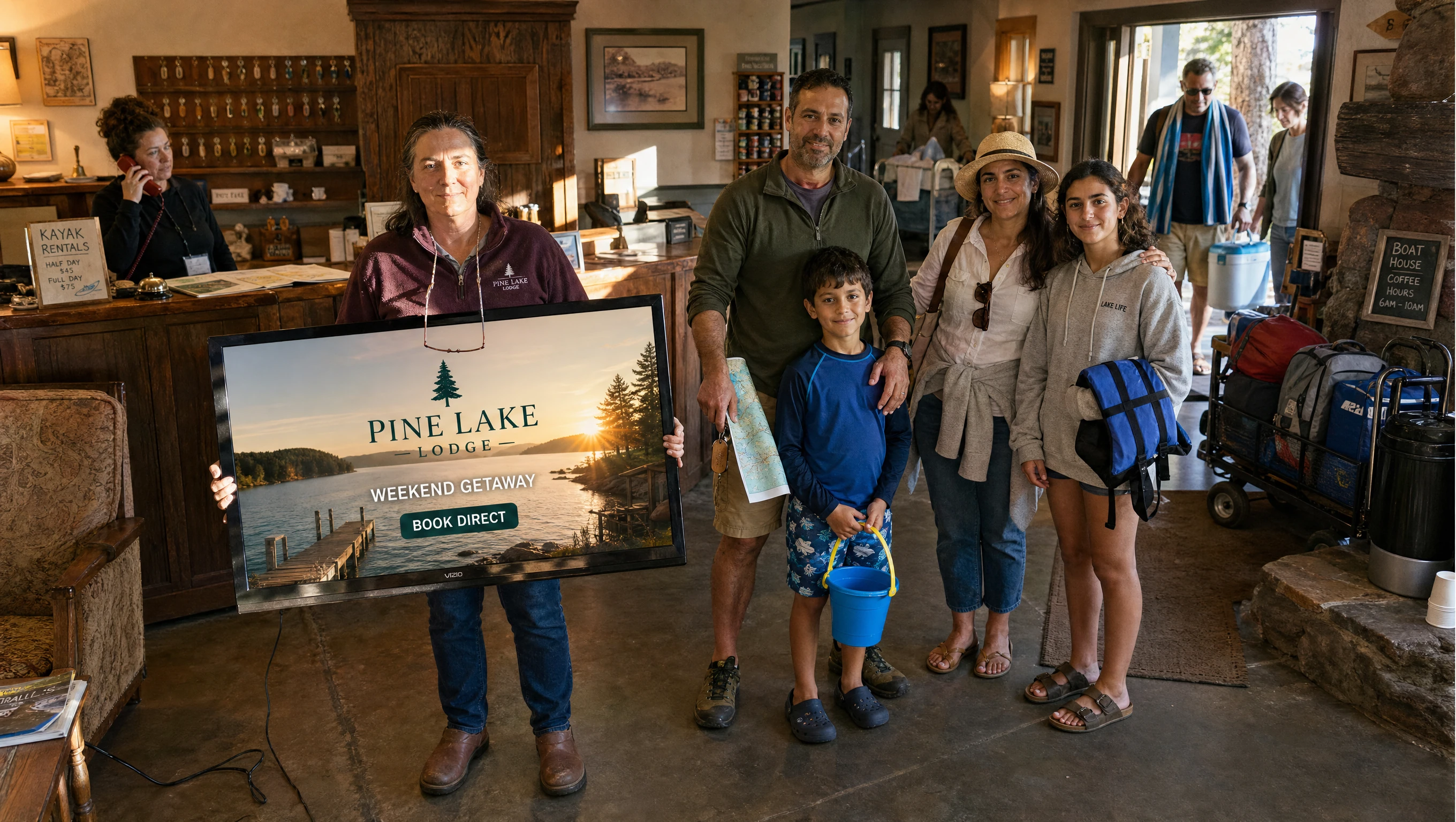 An inn owner holds a TV showing an ad for a weekend lake getaway, standing with the family who booked it