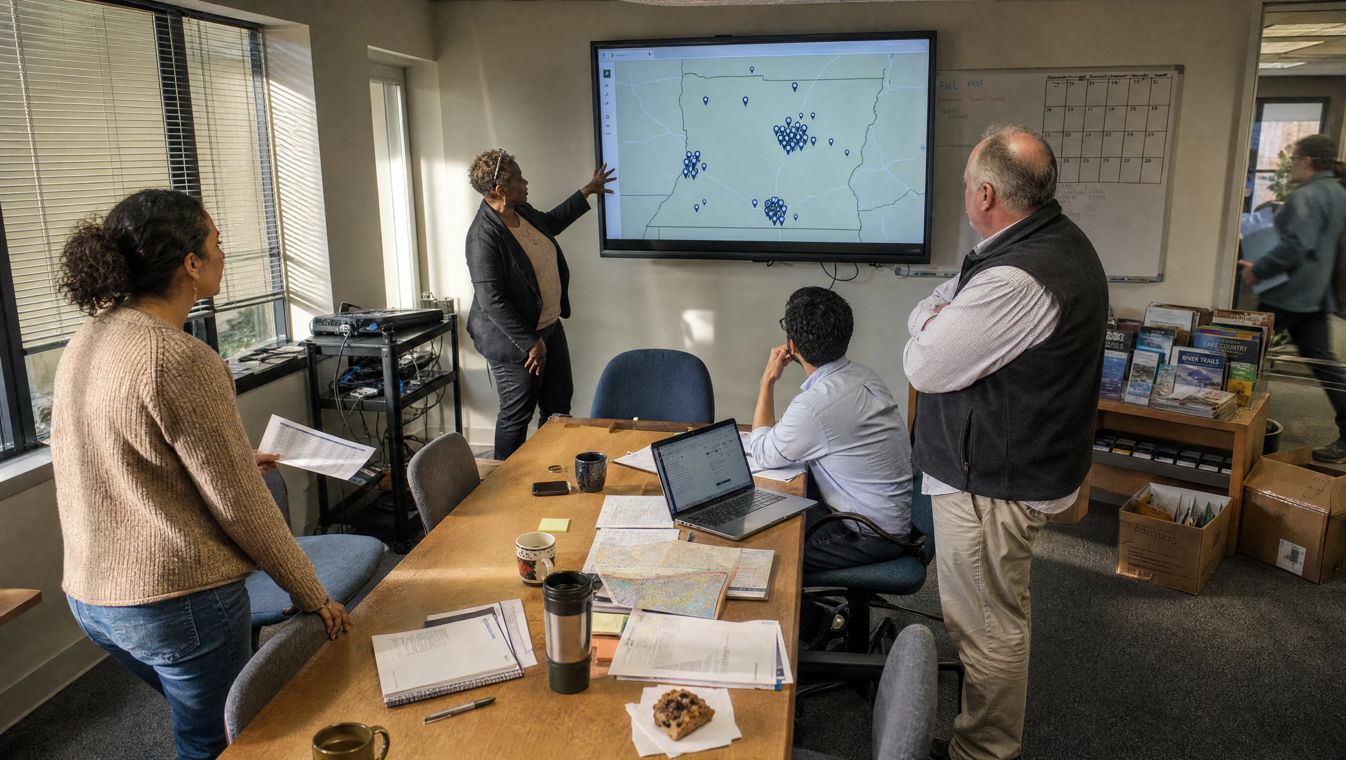 A destination marketing team reviewing a regional map with pins clustered over their top feeder markets