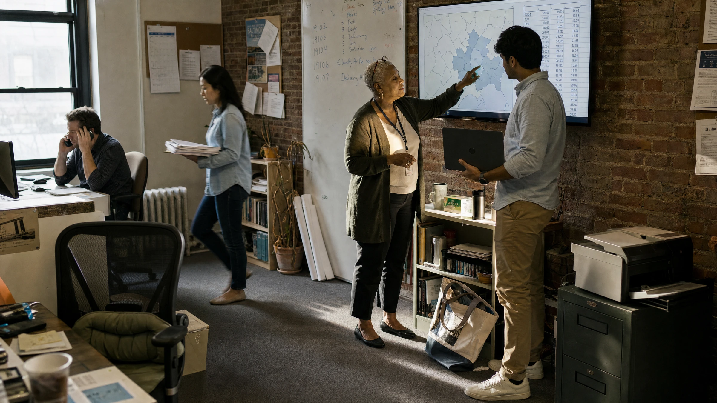 Two media planners at an independent agency reviewing a county-level delivery map on a wall monitor