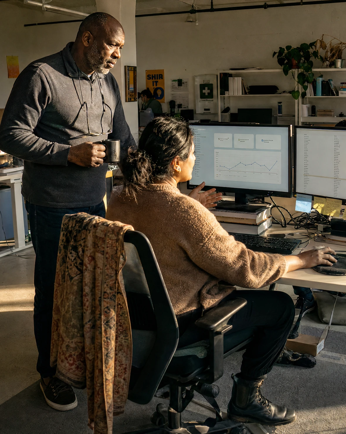 An account manager adjusting campaign delivery at a two-monitor desk while a colleague looks on