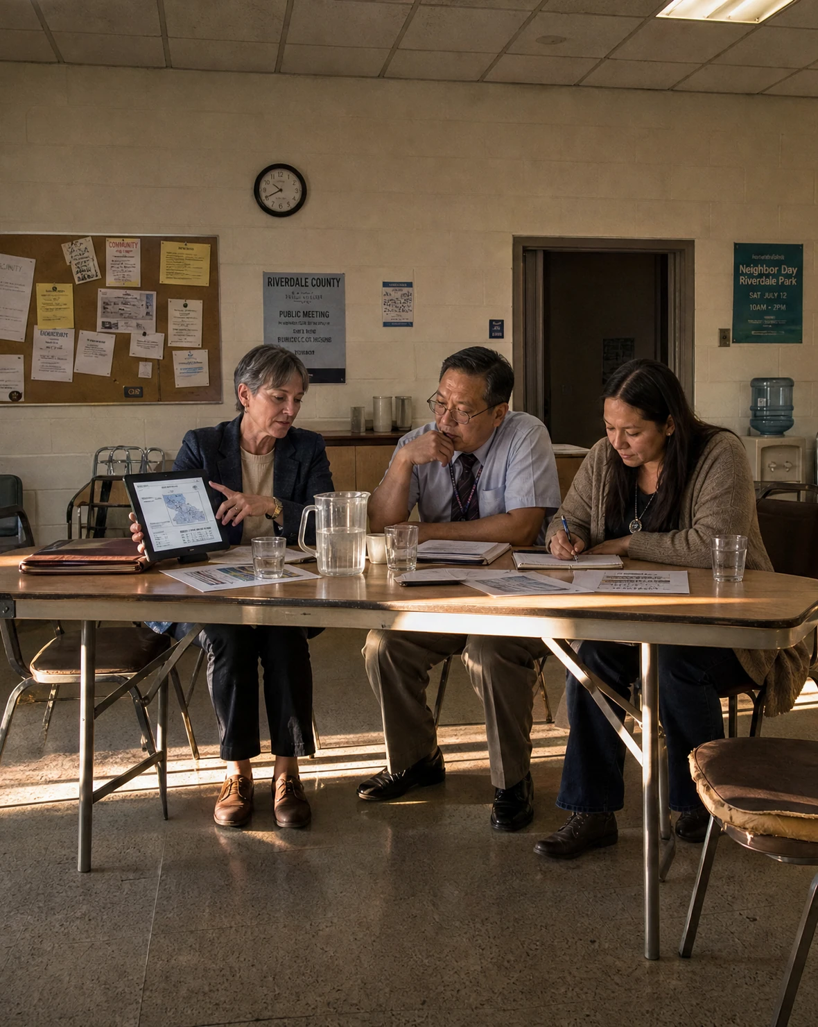An agency lead walking two public-sector clients through a delivery report in a municipal meeting room