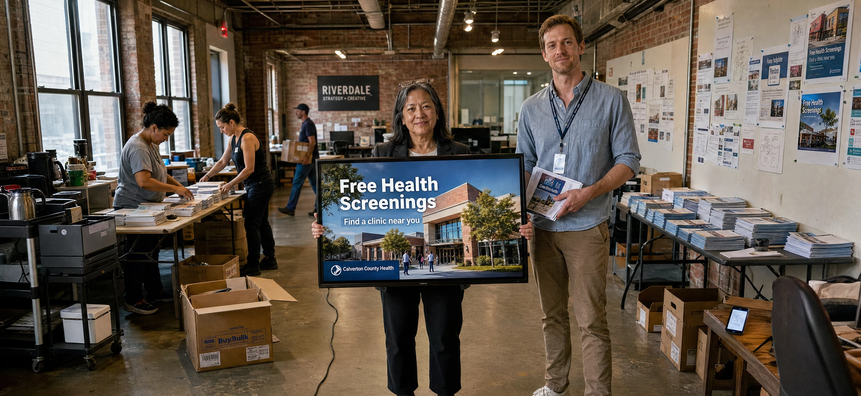 An agency founder and a county communications coordinator holding a TV showing a public health screening ad