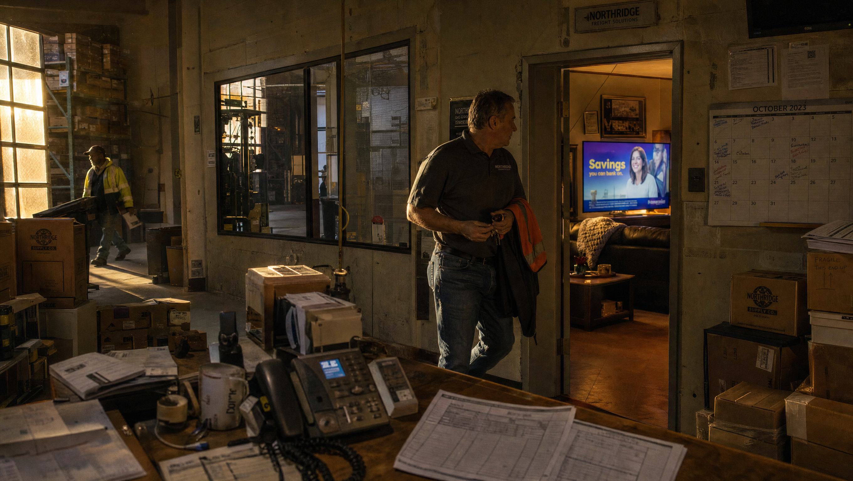 Warehouse office at end of day with a home living room and glowing TV visible through a doorway
