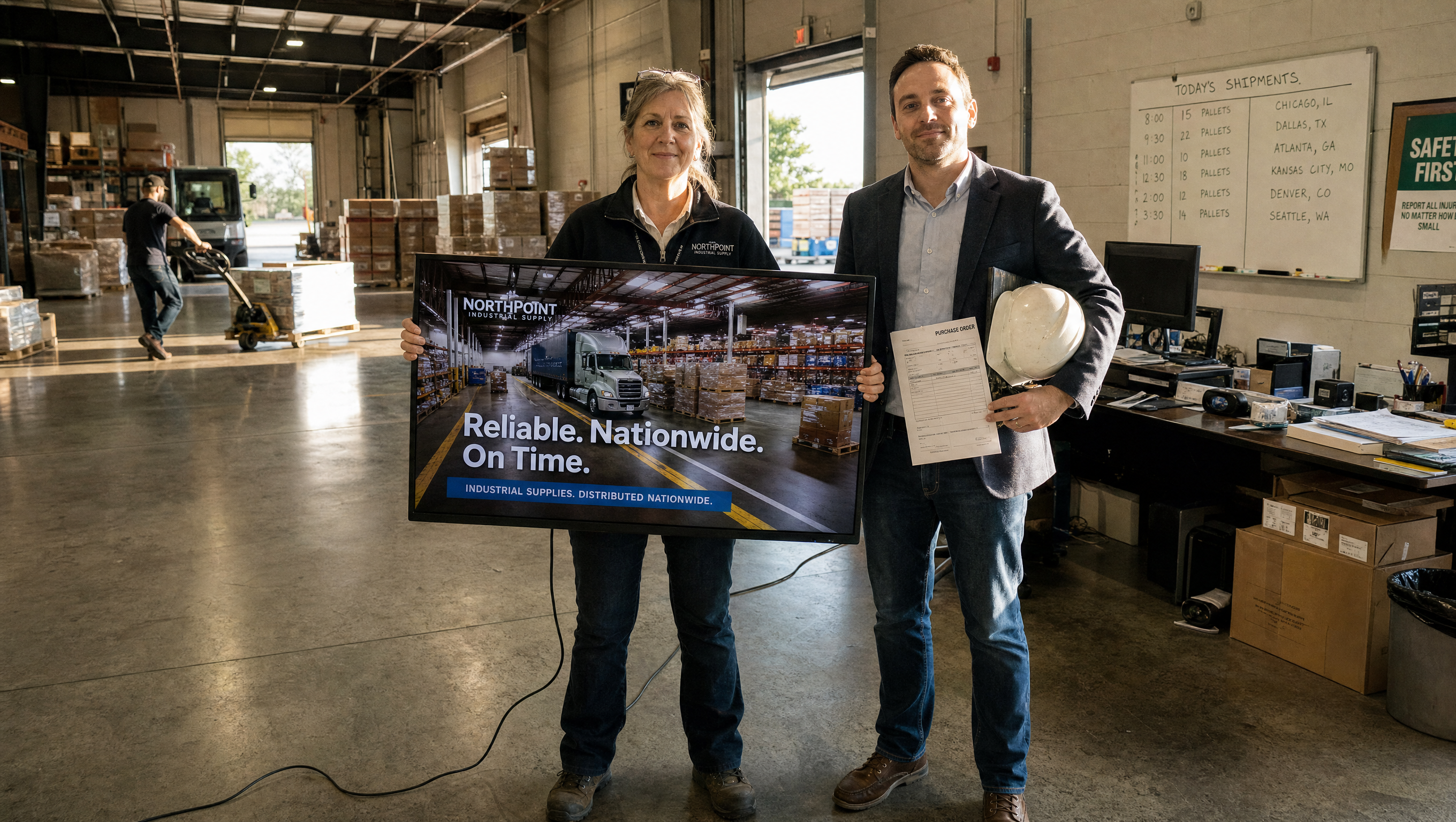 A distribution company general manager and a client purchasing manager holding up a TV displaying the campaign that connected them