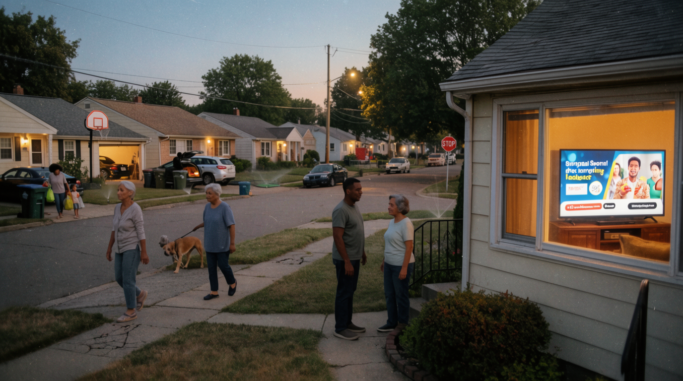 Quiet suburban street at dusk with a streaming ad glowing on a living-room TV visible through a front window