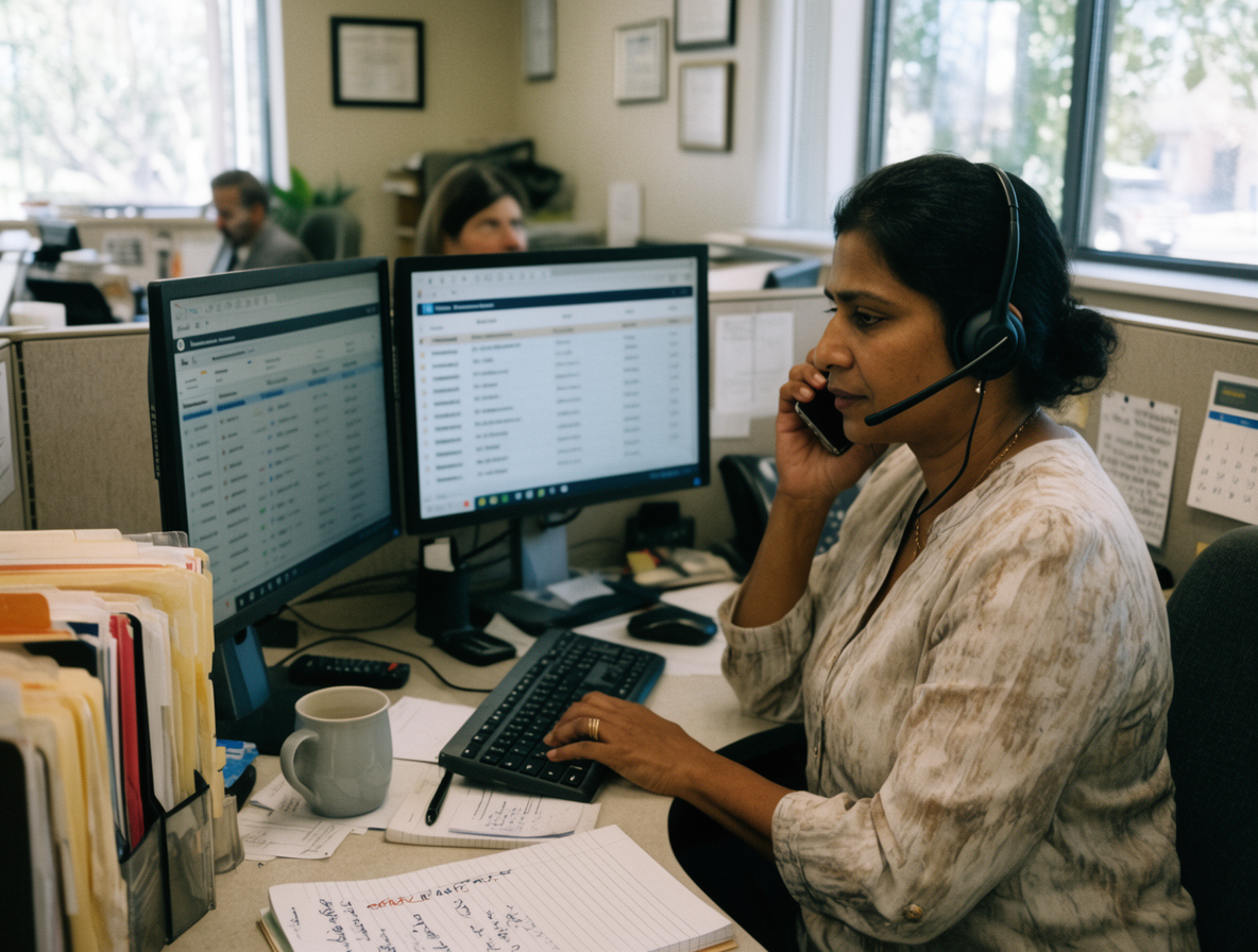 A law firm intake coordinator mid-call at her desk logging a new matter, with a call log visible on a second monitor