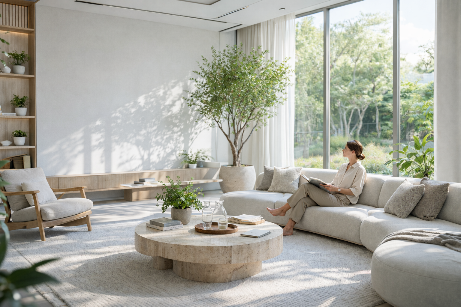 Light-filled wellness residence with biophilic planting and a relaxed living area