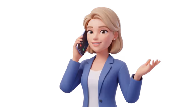 Illustration d'une femme blonde portant un blazer bleu parlant au téléphone avec une expression engageante et un geste de main ouverte.