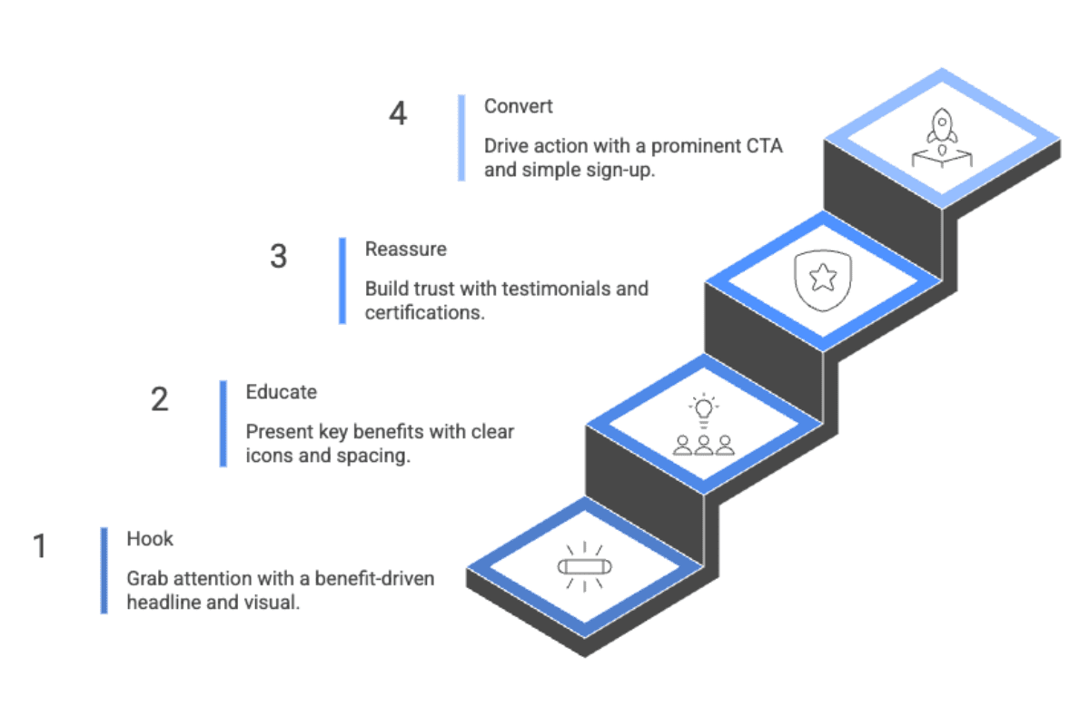 A four-stage visual framework showing Hook, Educate, Reassure, and Convert arranged in a guided path that demonstrates how smart landing pages reduce friction and speed up the purchase journey.