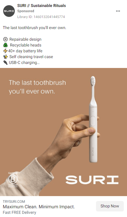 Screenshot of a SURI ad showing a sustainable toothbrush