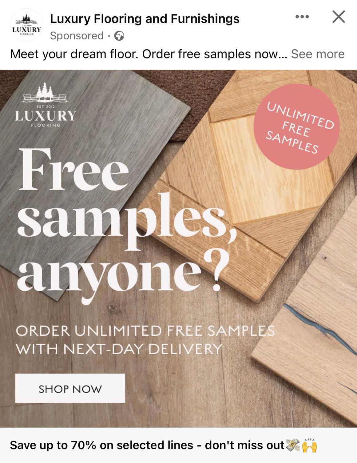 Screenshot of a Luxury Flooring and Furnishings ad promoting free samples