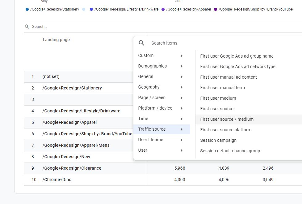 A screenshot showing the filters on the GA4 landing page
