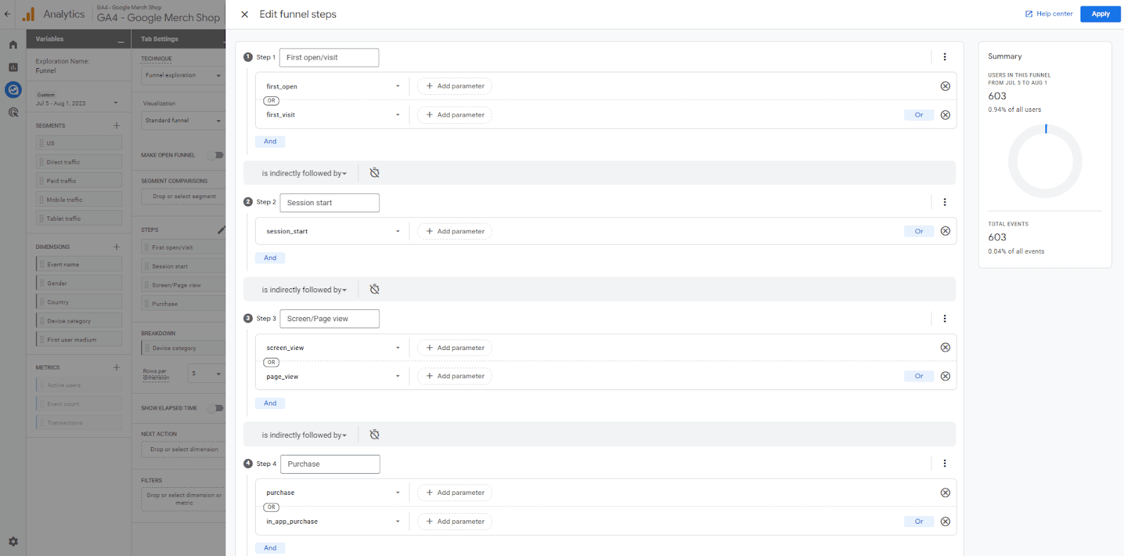 A screenshot showing the funnel steps in GA4