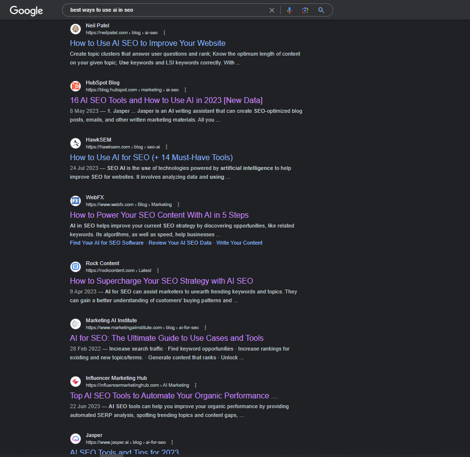 A screenshot of a Google search results page for the search query 'best ways to use ai in seo'