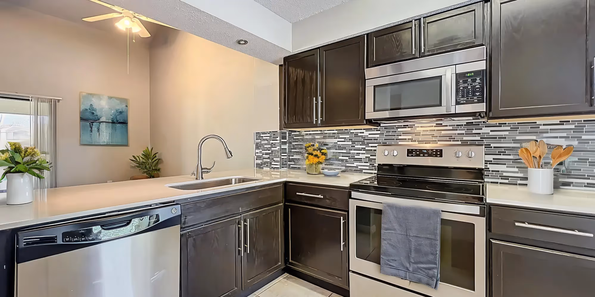 Kitchen with brown cabinets