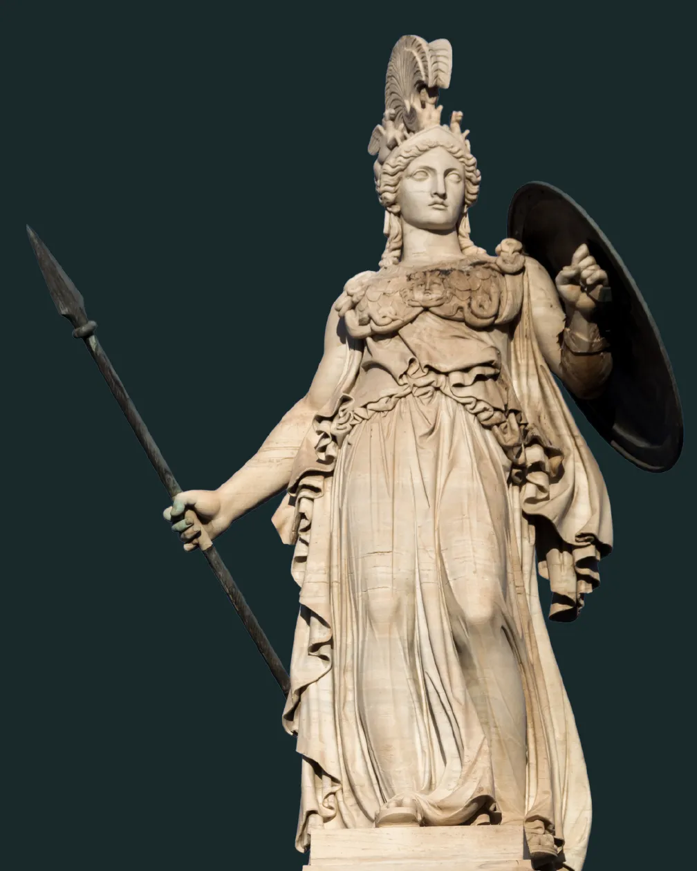 Statue of Athena wearing helmet and armor, holding a spear and shield.