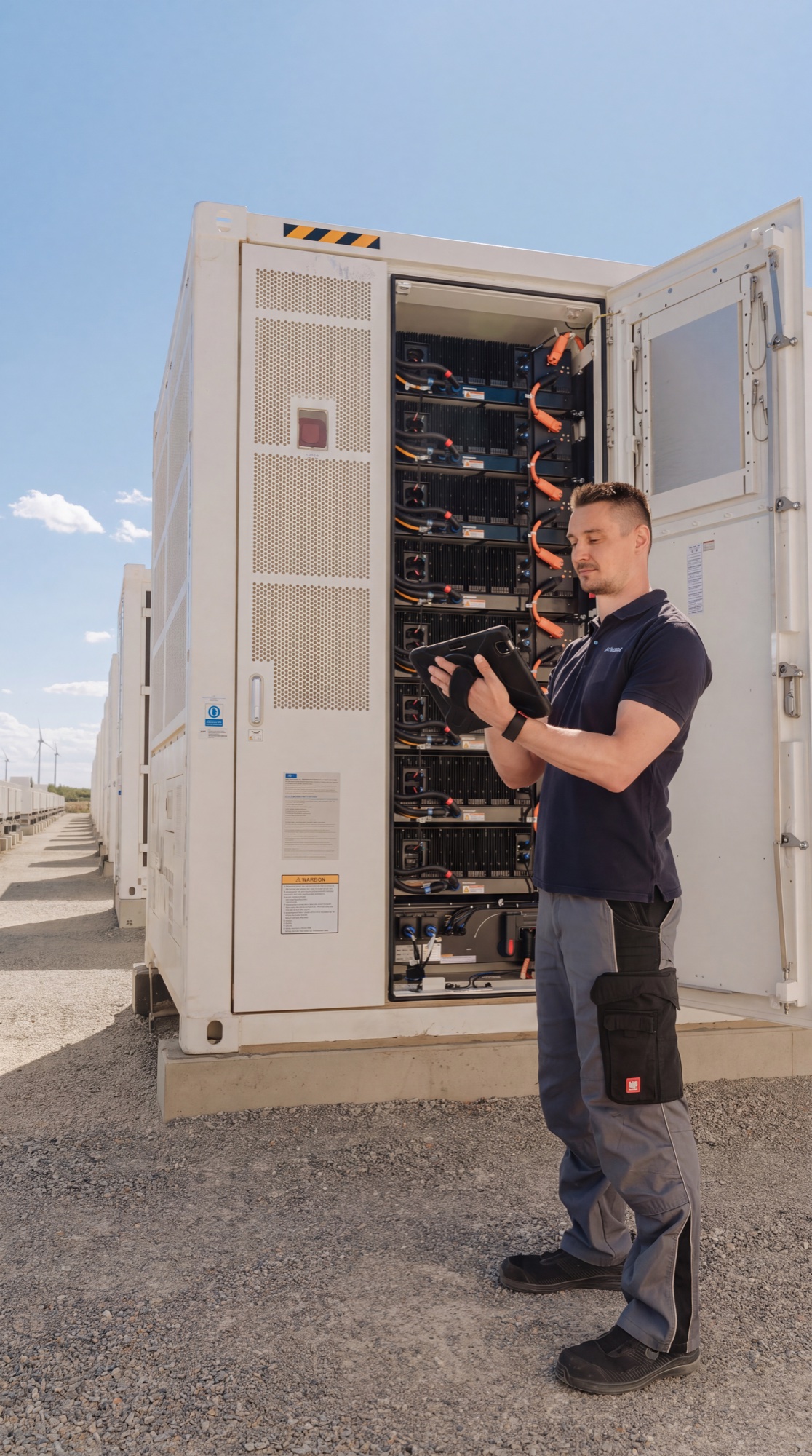 Techniker prüft eine Energiespeicheranlage im Freien mit Tablet in der Hand.