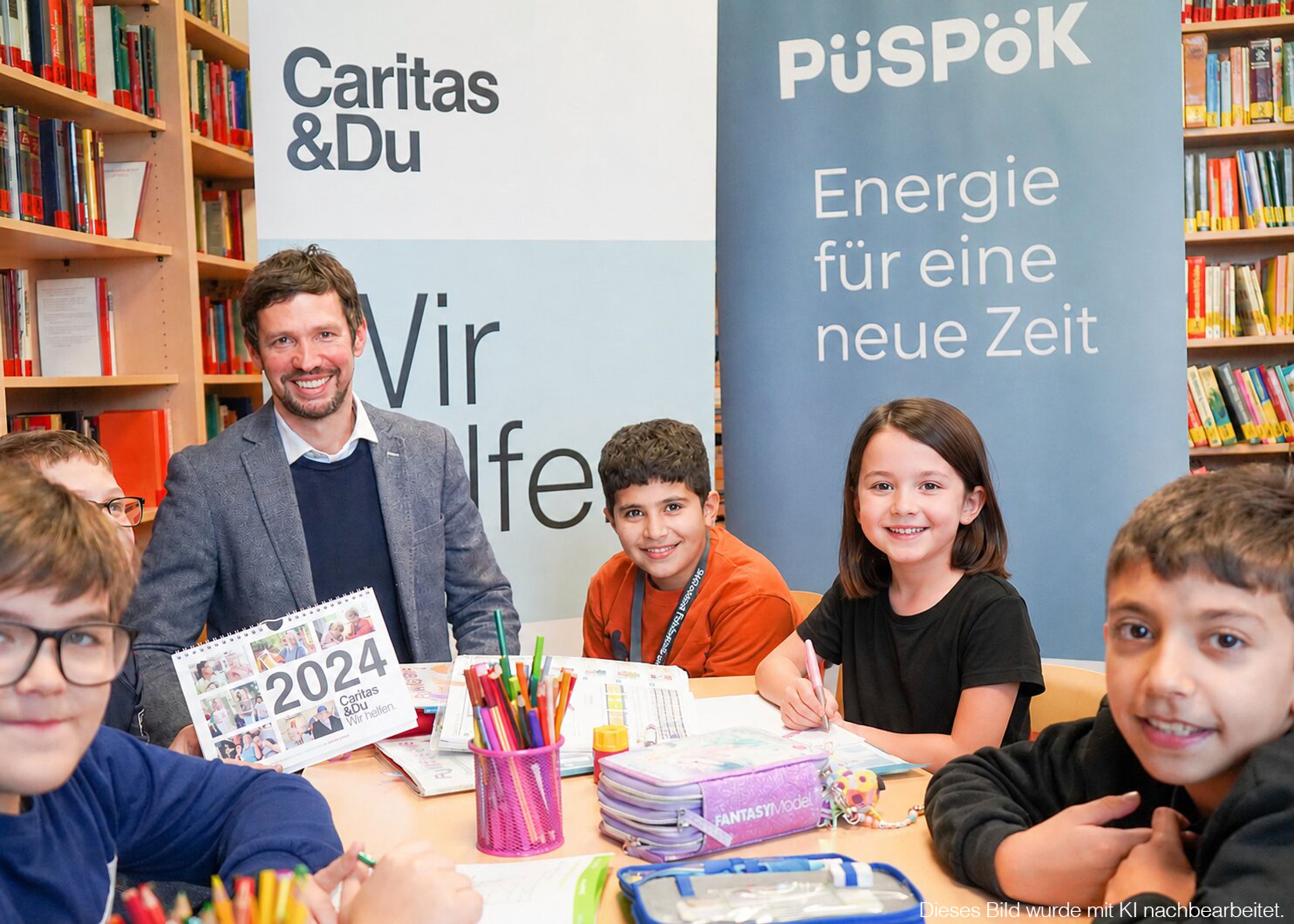 Ein Mann und fünf Kinder sitzen an einem Tisch mit Stiften, Kalender und Federmäppchen in einem Bücherregalraum. Im Hintergrund sind Banner mit den Texten „Caritas & Du Wir helfen“ und „Püspök Energie für eine neue Zeit“. Alle blicken lächelnd zur Kamera.