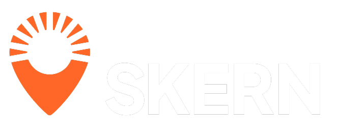 SKERN company logo featuring an orange map pin with sunrays and white text on black background.