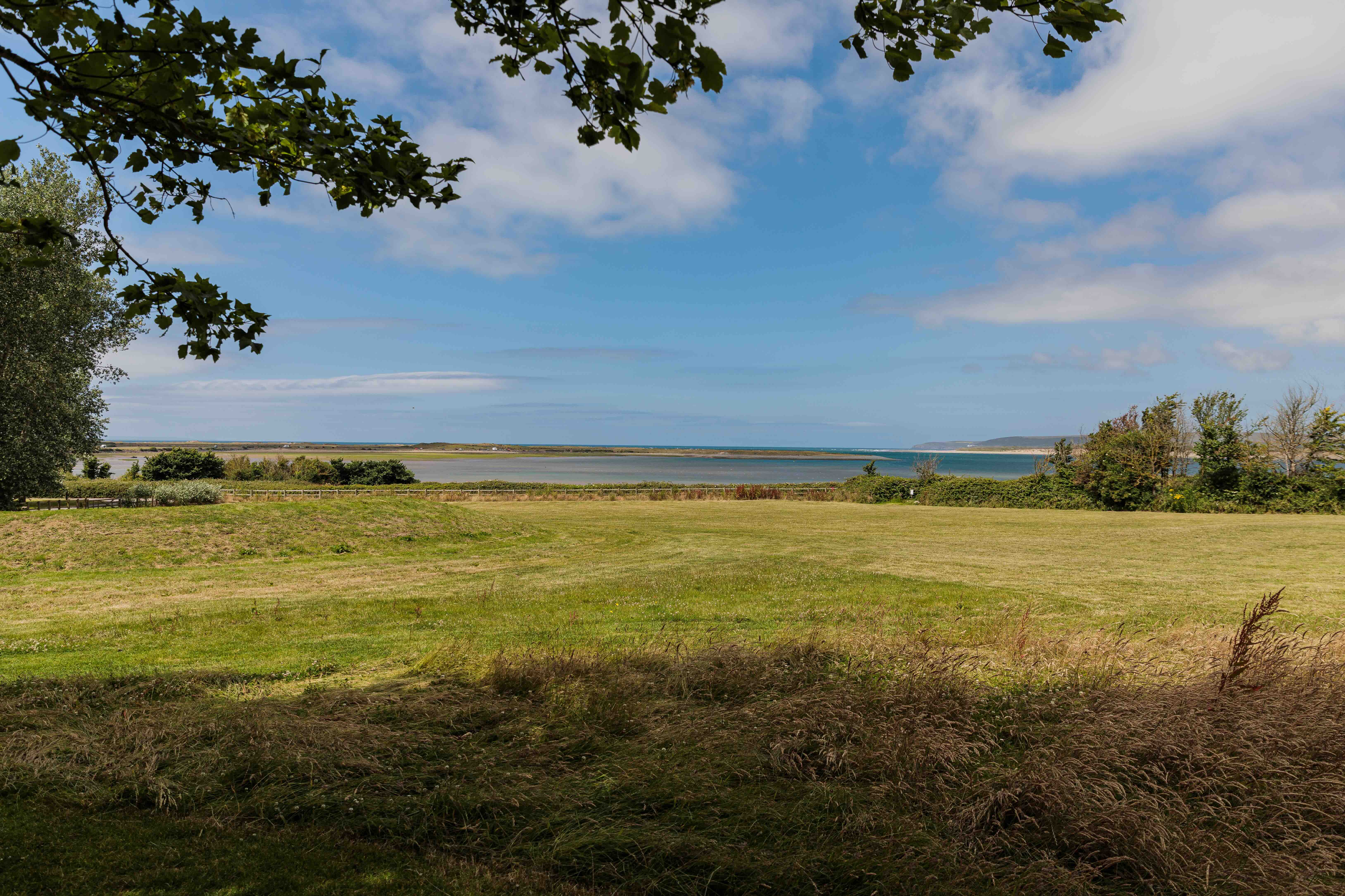 Green grassy field with trees, a distant body of water, and a partly cloudy blue sky.