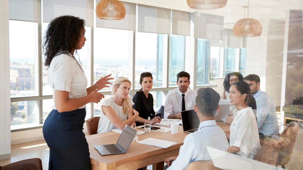 team holding a discussion at the workplace