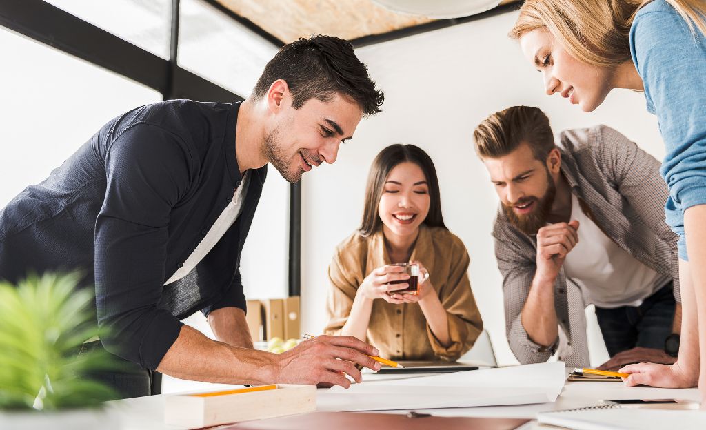 employees discussing strategy at the workplace