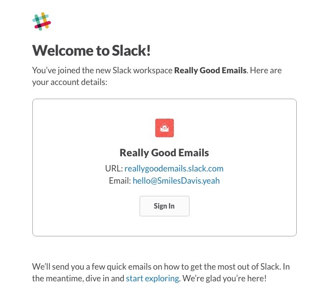 welcome email from Slack
