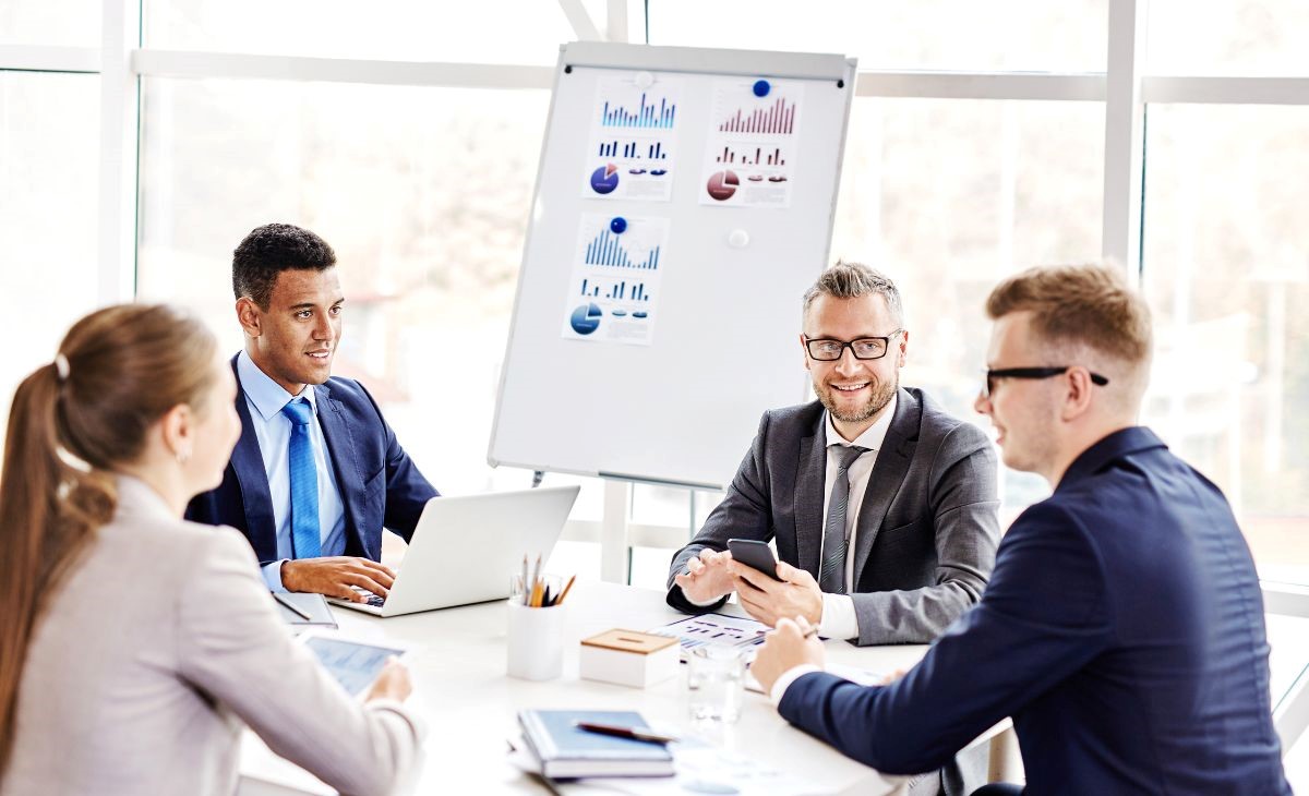employees discussing results at the office