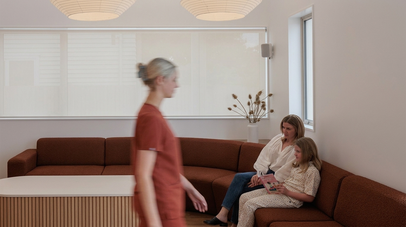 Nurse walking through a clinic waiting room past seated patients