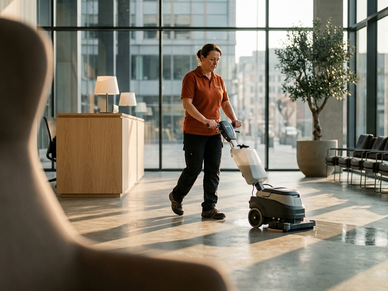 Commercial cleaning technician working in an office building
