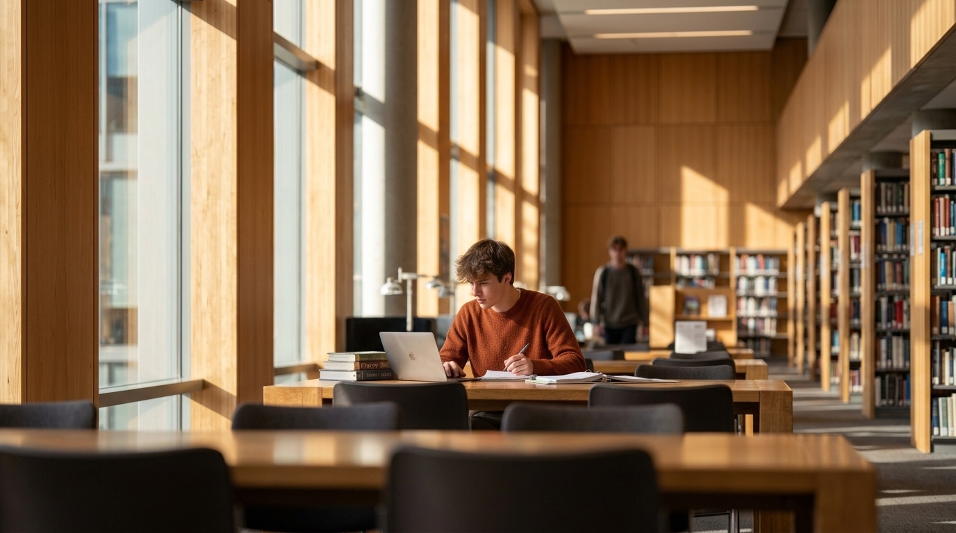 Student studying on a laptop in a university library