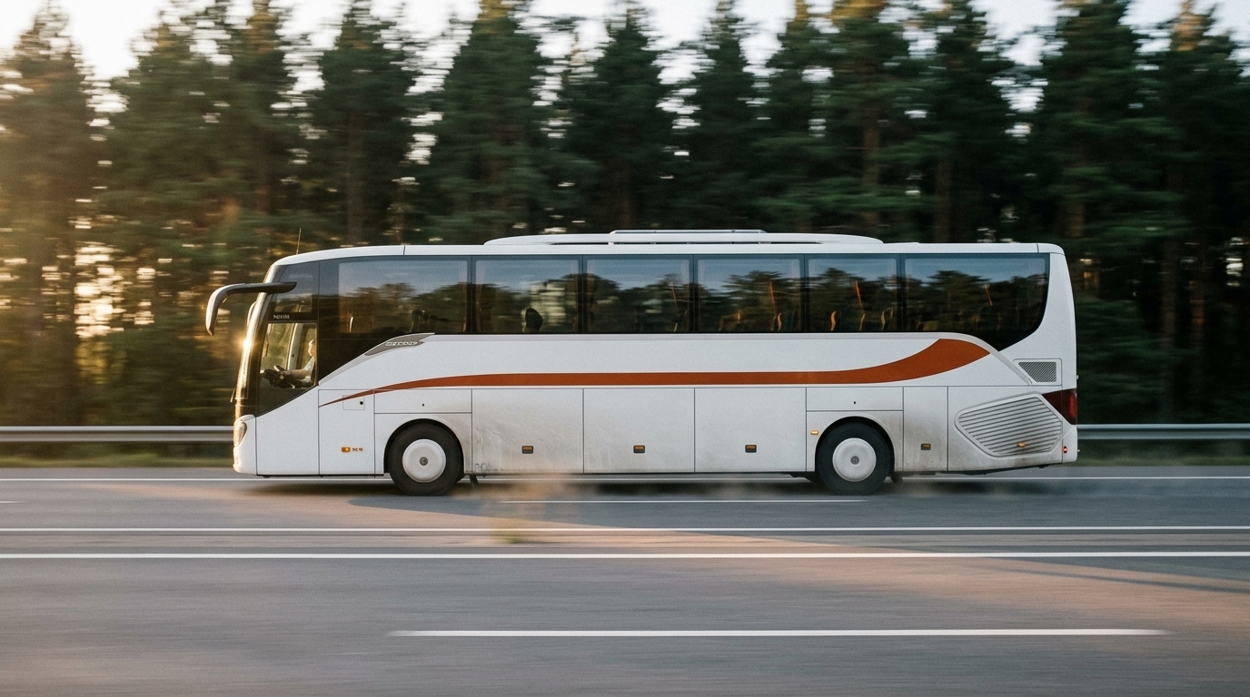 Motorcoach parked outside a depot